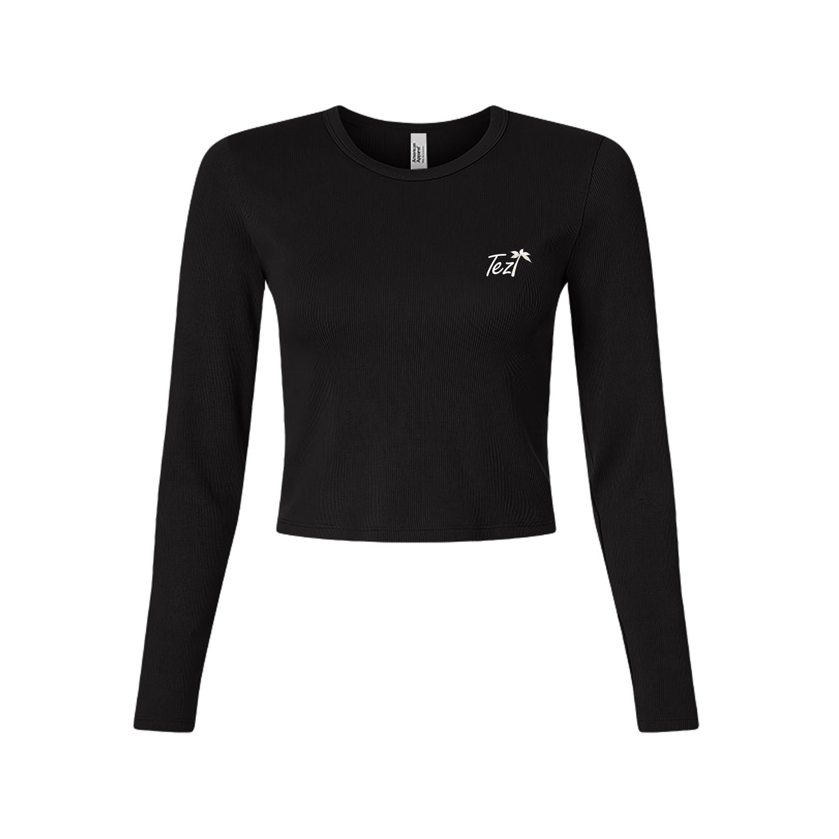 Tezi Palm Script Long Sleeve Crop in Black, front view