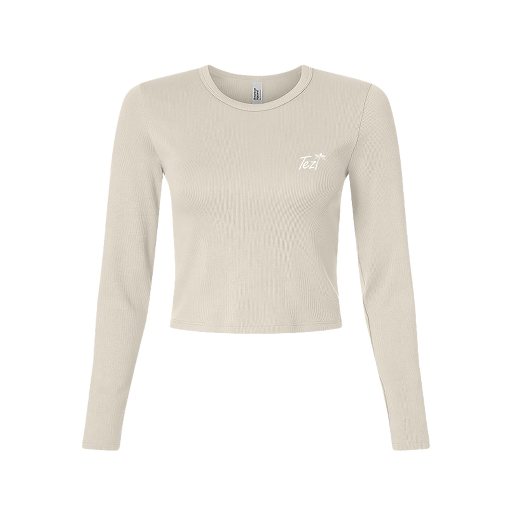 Tezi Palm Script Long Sleeve Crop in Bone, front view