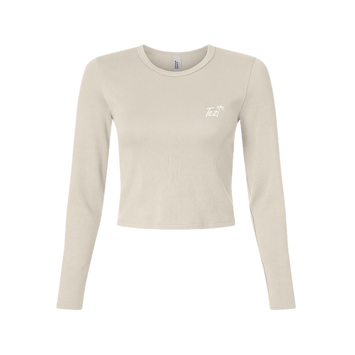Tezi Palm Script Long Sleeve Crop in Bone, front view
