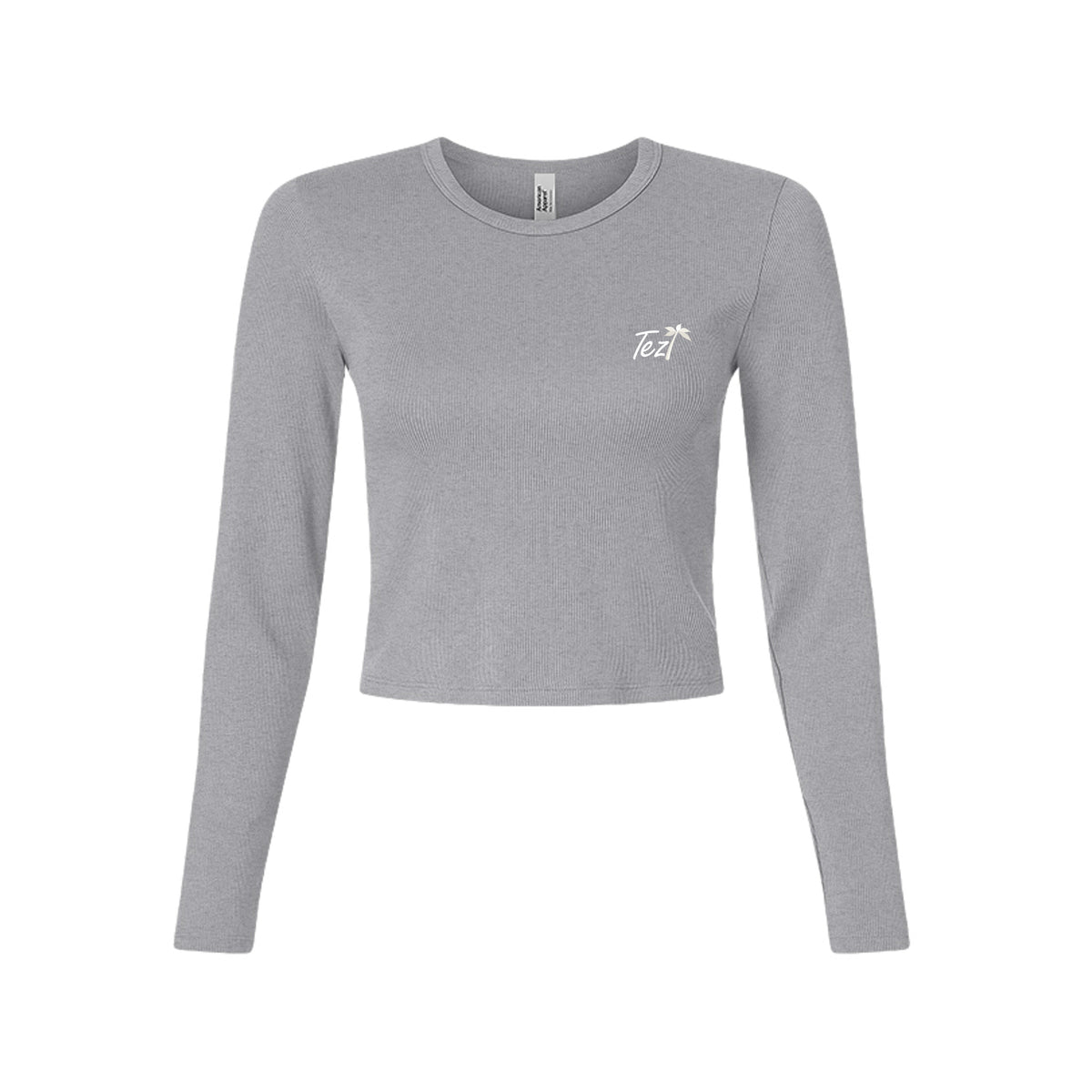 Tezi Palm Script Long Sleeve Crop in Heather Grey, front view