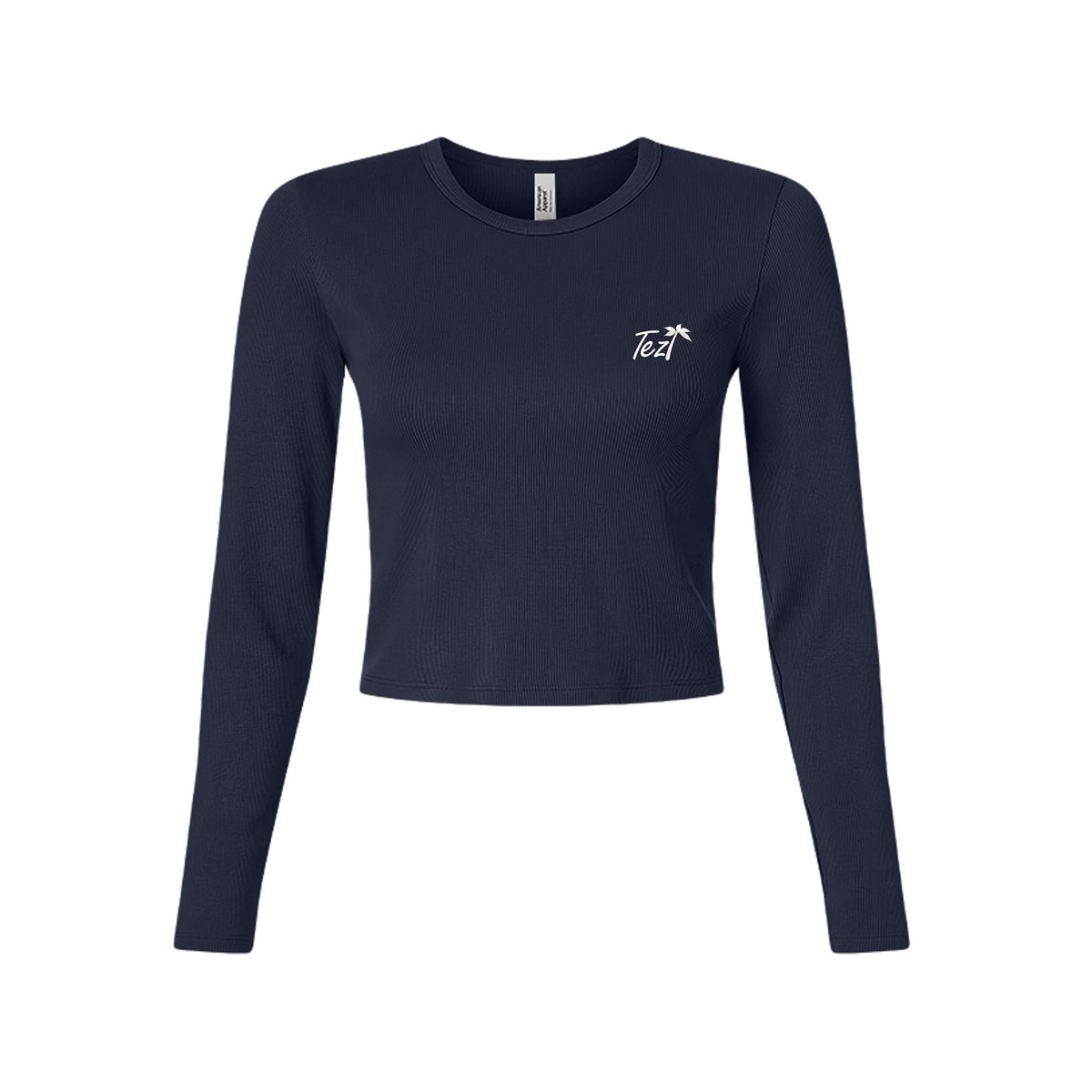 Tezi Palm Script Long Sleeve Crop in Navy, front view