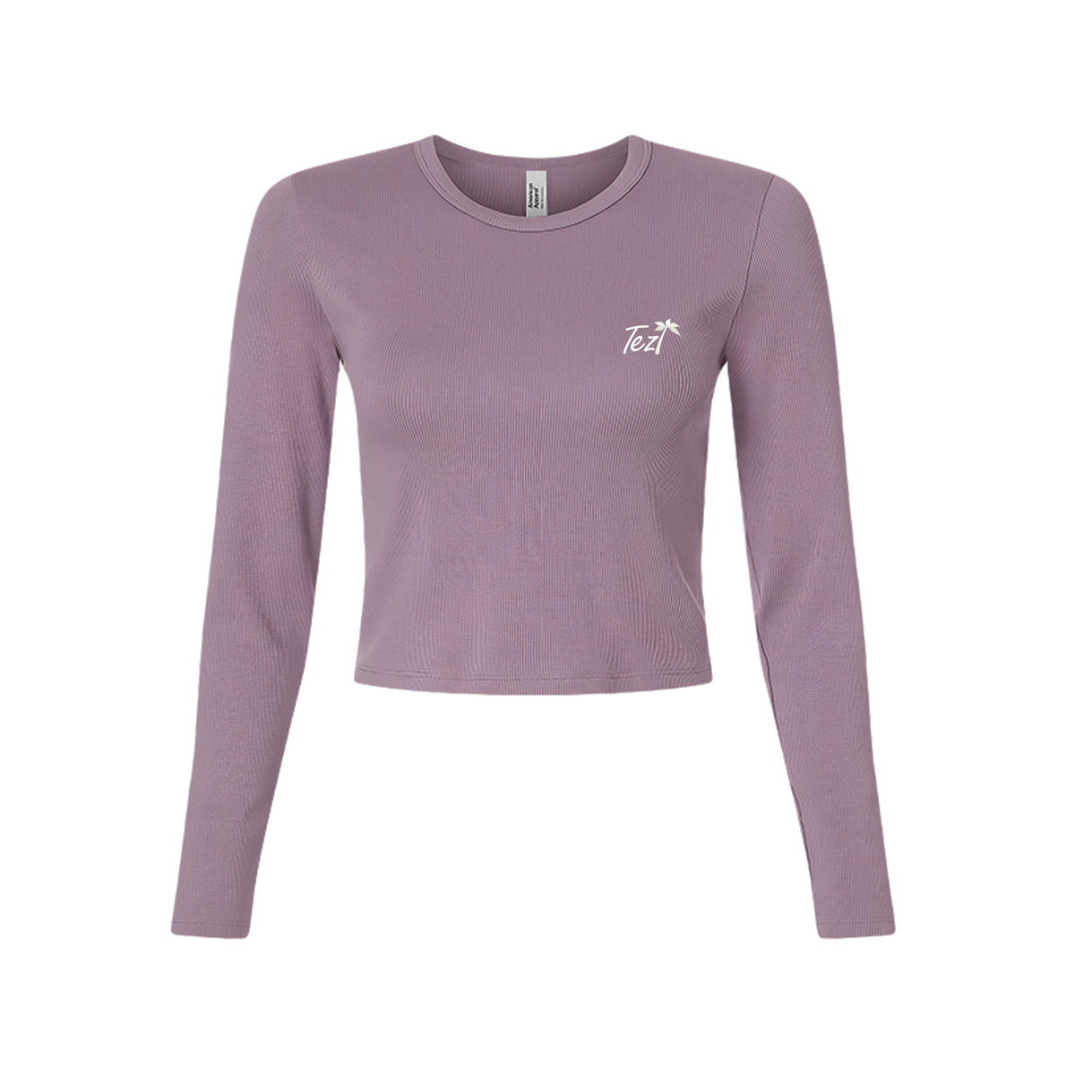 Tezi Palm Script Long Sleeve Crop in Smokey Violet, front view