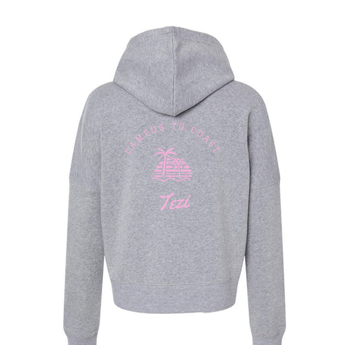 Tezi Sunset Script Cropped Hoodie in Grey Triblend, back view