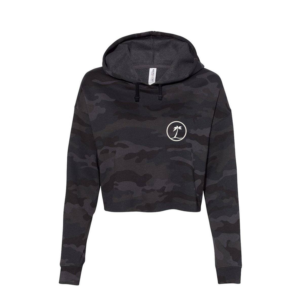 Tezi Circle Logo Cropped Hoodie in Black Camo, front view