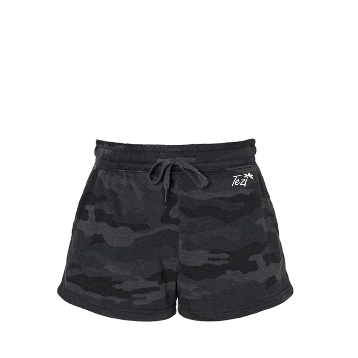Tezi Camo Lounge Shorts in Black Camo Heather, front view