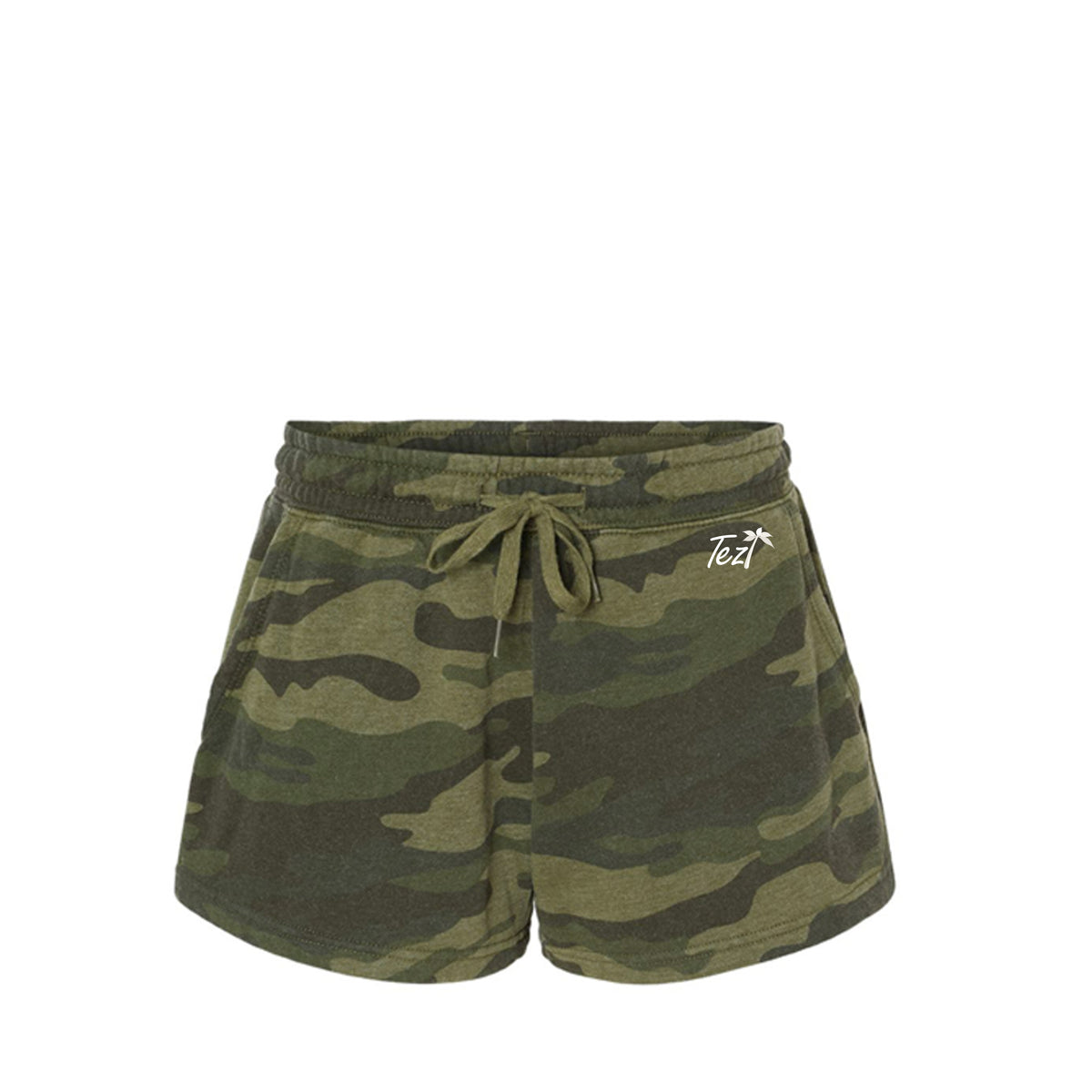 Tezi Camo Lounge Shorts in Forest Camo Heather, front view