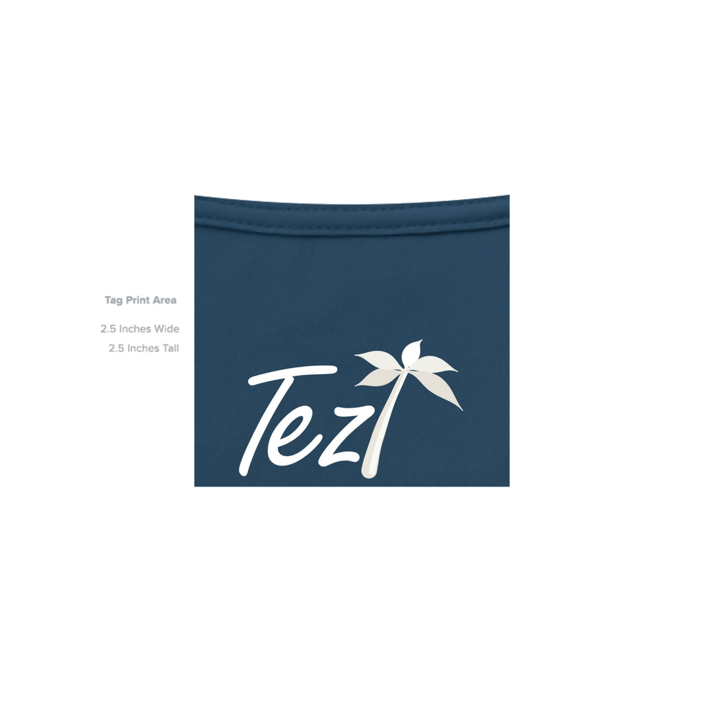Tezi Classic Long Sleeve Tee in Navy, inside neck label