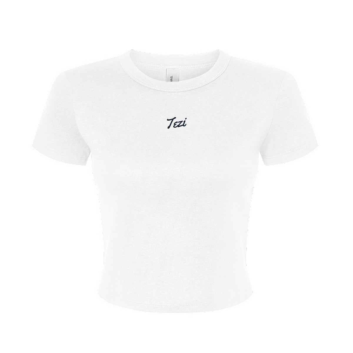 Tezi Micro Script Baby Tee in Solid White Blend
